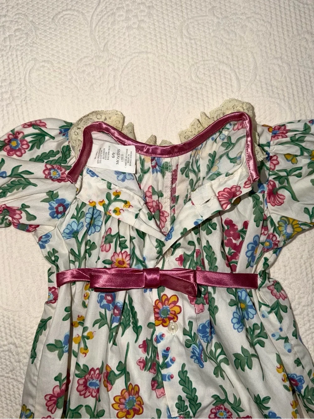 Vintage Cradle Togs White Floral Romper with Pink Trim